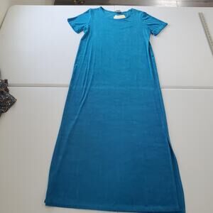 Citiknits Dress Womens Medium Blue Teal Short Sleeve Maxi Liquid Knit Slinky USA